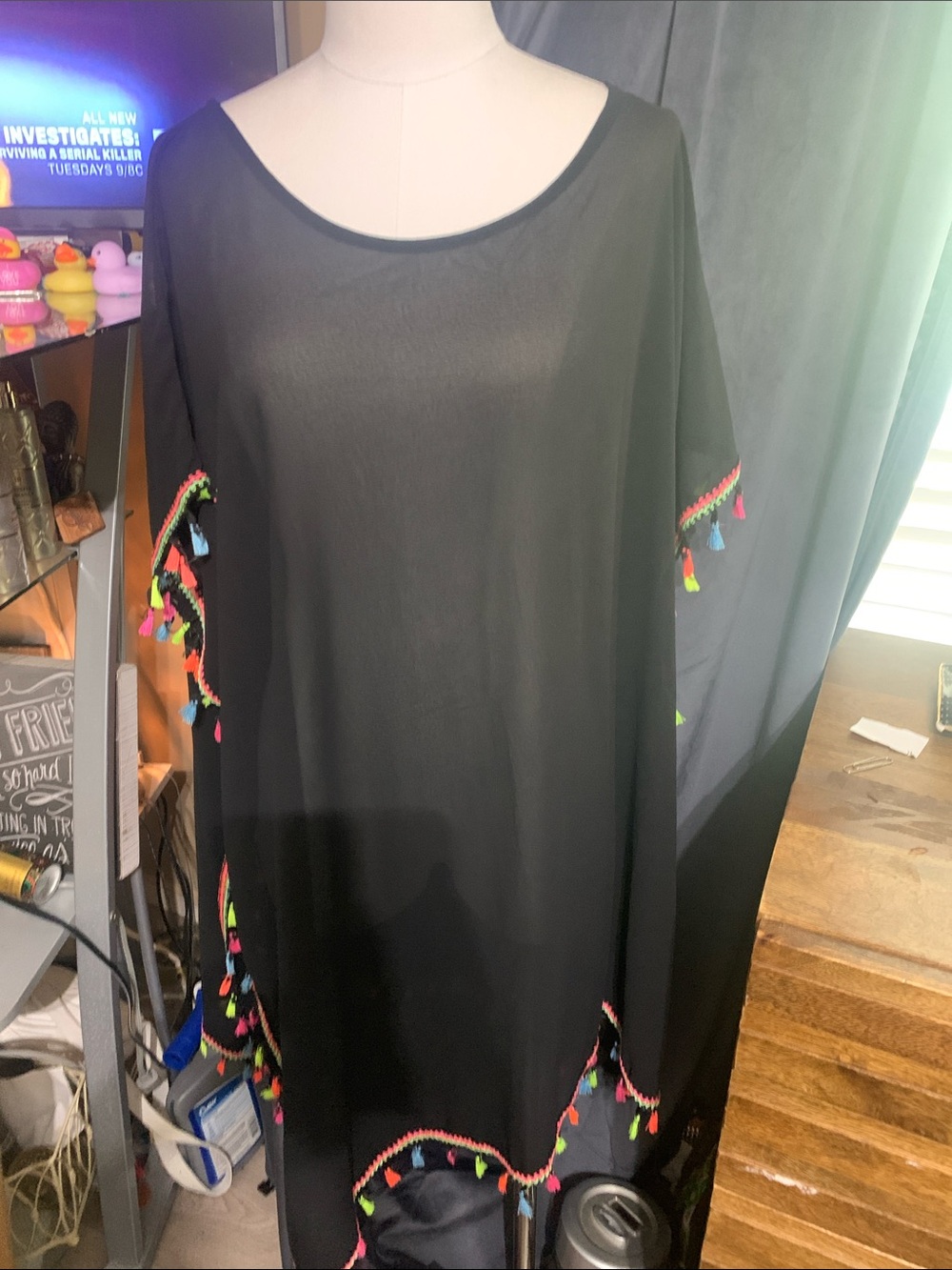GOKEY 3xl-5xl Black Sheer Swim Coverup with Multicolor Tassel Trim